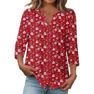 Zeagoo Button Down Shirts for Women 3/4 Sleeve Linen Cotton V Neck Tops Dressy Casual Loose Work Blouses(Red Flower-xh235)