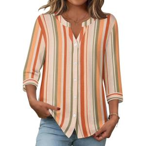 Zeagoo Button Down Shirts for Women 3/4 Sleeve Linen Cotton V Neck Tops Dressy Casual Loose Work Blouses(Stripes-tw720)