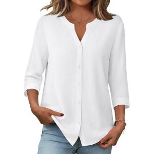 Zeagoo Button Down Shirts for Women 3/4 Sleeve Linen Cotton V Neck Tops Dressy Casual Loose Work Blouses(White)
