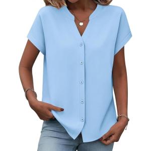Zeagoo Button Down Shirts for Women Short Sleeve Tops V Neck Collar Blouses Business Casual Outfits S-2XL(Light Blue)
