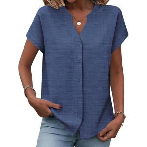 Zeagoo Button Down Shirts for Women Short Sleeve Tops V Neck Collar Blouses Business Casual Outfits S-2XL(Navy Blue)