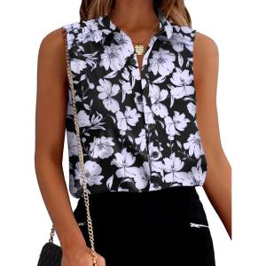 Zeagoo Button Down Sleeveless Shirts for Women Collared V Neck T Shirts Floral Printed White Flower
