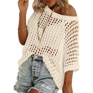 Zeagoo Short Sleeve Crochet Sweater Lightweight Summer Tops Loose Hollow Out Crewneck Pullover(Beige)
