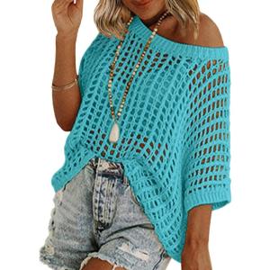 Zeagoo Short Sleeve Crochet Sweater Lightweight Summer Tops Loose Hollow Out Crewneck Pullover(Peacock Blue)