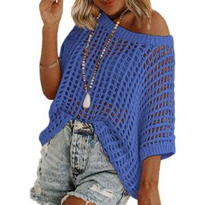Zeagoo Short Sleeve Crochet Sweater Lightweight Summer Tops Loose Hollow Out Crewneck Pullover(Sky Blue)