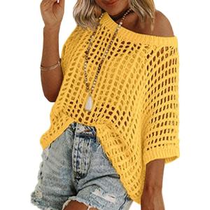 Zeagoo Short Sleeve Crochet Sweater Lightweight Summer Tops Loose Hollow Out Crewneck Pullover(Yellow)
