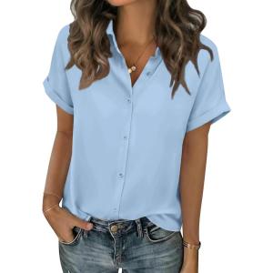 Zeagoo Short Sleeve Summer Tops for Women Casual Button Down Shirts Solid/Striped Business Work Blouses(Light Blue)