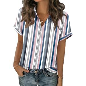 Zeagoo Short Sleeve Summer Tops for Women Casual Button Down Shirts Solid/Striped Business Work Blouses(Tw721)
