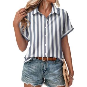 Zeagoo Short Sleeve Summer Tops for Women Casual Button Down Shirts Solid/Striped Business Work Blouses(Tw775)