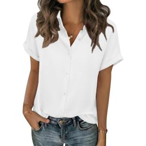 Zeagoo Short Sleeve Summer Tops for Women Casual Button Down Shirts Solid/Striped Business Work Blouses(White)