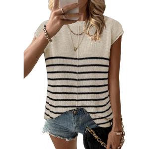 Zeagoo Sleeveless Tops for Women Crew Neck Knit Cute Summer Sweaters Stripes Cream X-Large