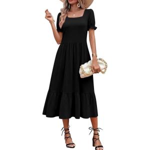 Zeagoo Summer Dresses for Women Flowy Casual Midi Dress Short Sleeve Tiered Dress Beach Vacation Sundresses with Pockets(Black)