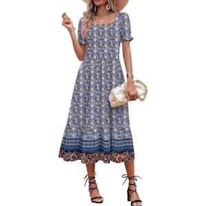 Zeagoo Summer Dresses for Women Flowy Casual Midi Dress Short Sleeve Tiered Dress Beach Vacation Sundresses with Pockets(Floral-3)