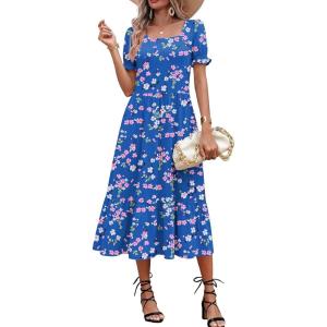 Zeagoo Summer Dresses for Women Flowy Casual Midi Dress Short Sleeve Tiered Dress Beach Vacation Sundresses with Pockets(Floral-printed-2)