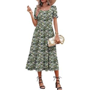 Zeagoo Summer Dresses for Women Flowy Casual Midi Dress Short Sleeve Tiered Dress Beach Vacation Sundresses with Pockets(Green-floral)