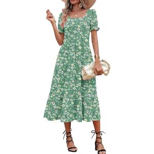 Zeagoo Summer Dresses for Women Flowy Casual Midi Dress Short Sleeve Tiered Dress Beach Vacation Sundresses with Pockets(Green-floral-1)