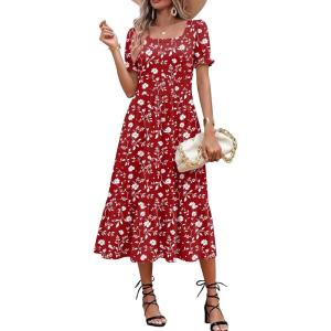 Zeagoo Summer Dresses for Women Flowy Casual Midi Dress Short Sleeve Tiered Dress Beach Vacation Sundresses with Pockets(Red-floral)