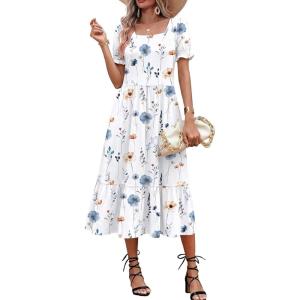 Zeagoo Summer Dresses for Women Flowy Casual Midi Dress Short Sleeve Tiered Dress Beach Vacation Sundresses with Pockets(White Floral)