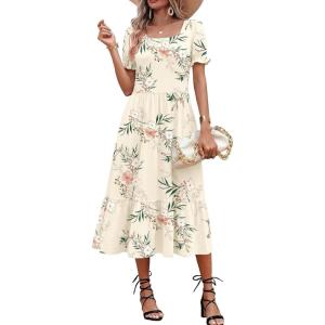 Zeagoo Summer Dresses for Women Flowy Casual Midi Dress Short Sleeve Tiered Dress Beach Vacation Sundresses with Pockets(White-leaf)