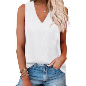 Zeagoo Summer Tank Top for Women V Neck Textured Camisole Blouses Sleeveless Casual Basic Beach Vacation Cami Shirt(White)