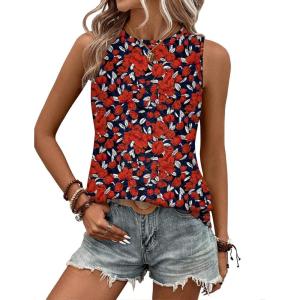 Zeagoo Tank Tops for Women Sleeveless Eyelet Shirts High Neck Cute Summer Top Loose Fit S-XXL(03-floral Red)