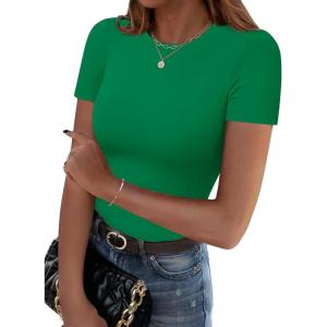 Zeagoo Women Crewneck Slim Fitted Short Sleeve T Shirts Cute Stretchy Bodycon Basic Tee Tops(Green)