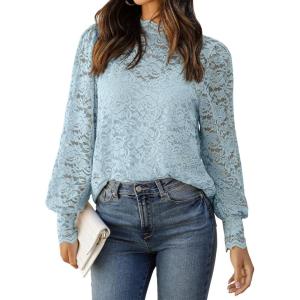 Zeagoo Women Lace Tops Long Sleeves Mock Neck Casual Dressy Tops with Separable Camisole Sexy Blouses Shirts 2 PCS Set(Light Blue)
