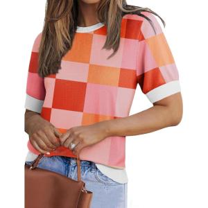 Zeagoo Women Short Sleeve Sweater Summer Crew Neck Dressy Casual Soft Knit Pullover Tops Trendy(Red)