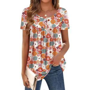 Zeagoo Women Tunic Tops Dressy Casual Summer Short Sleeve Shirts Floral Loose Fit Pleated Boho Top S-XXL(Xh378)
