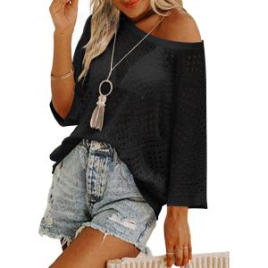 Zeagoo Women’s 2026 Spring Summer Crochet Top Hollow Out 3/4 Sleeve Sweater Off Shoulder Beach Knit Coverup(Black)