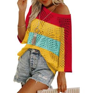 Zeagoo Women’s 2026 Spring Summer Crochet Top Hollow Out 3/4 Sleeve Sweater Off Shoulder Beach Knit Coverup(Color Block-1)