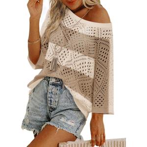 Zeagoo Women’s 2026 Spring Summer Crochet Top Hollow Out 3/4 Sleeve Sweater Off Shoulder Beach Knit Coverup(Color Block-2)
