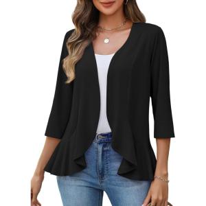 Zeagoo Women’s 2026 Summer 3/4 Sleeve Lightweight Cardigans Sweaters Open Front Draped Ruffles Kimono Coverups(A-black)