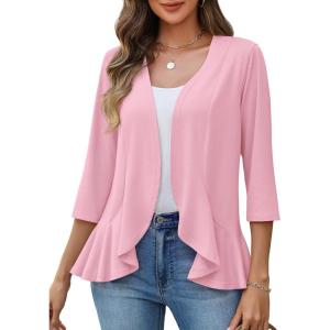 Zeagoo Women’s 2026 Summer 3/4 Sleeve Lightweight Cardigans Sweaters Open Front Draped Ruffles Kimono Coverups(Pink)