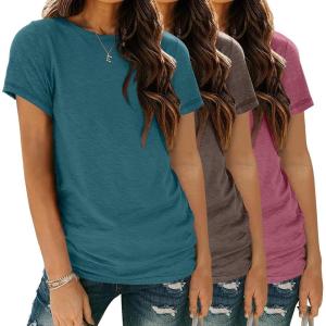 Zeagoo Womens 3 Pack Tshirts for Women Short Sleeve Shirt Crewneck Basic Tee Summer Tops Lightweight Plain Workout Clothes(Blue Green+grey Purple+brown)