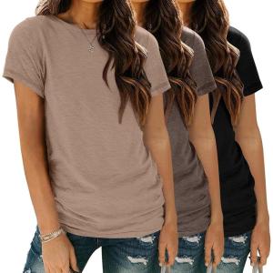 Zeagoo Womens 3 Pack Tshirts for Women Short Sleeve Shirt Crewneck Basic Tee Summer Tops Lightweight Plain Workout Clothes(Khaki+brown+black)