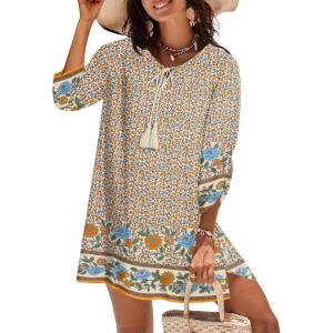 Zeagoo Womens Boho Dresses Casual Beach Summer Dress Tassel Tie Neck 3/4 Long Sleeve Mini Sundress 2025 Floral Print Cover Up(01 Apricot)