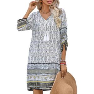 Zeagoo Womens Boho Dresses Casual Beach Summer Dress Tassel Tie Neck 3/4 Long Sleeve Mini Sundress 2025 Floral Print Cover Up(01 White)