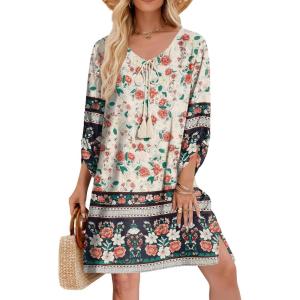 Zeagoo Womens Boho Dresses Casual Beach Summer Dress Tassel Tie Neck 3/4 Long Sleeve Mini Sundress 2025 Floral Print Cover Up(02 Apricot)