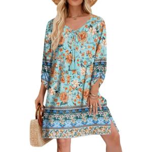 Zeagoo Womens Boho Dresses Casual Beach Summer Dress Tassel Tie Neck 3/4 Long Sleeve Mini Sundress 2025 Floral Print Cover Up(Green)