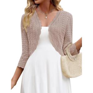 Zeagoo Women’s Bolero Shrug Crochet Cropped Cardigan Summer 3/4 Sleeve Lightweight Cardigans for Dress(Khaki)