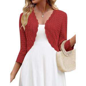 Zeagoo Women’s Bolero Shrug Crochet Cropped Cardigan Summer 3/4 Sleeve Lightweight Cardigans for Dress(Red)