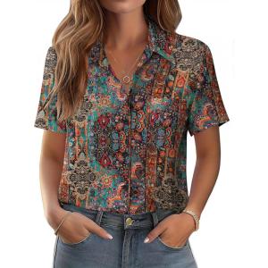 Zeagoo Womens Button Down Shirt Bust Pocket Short Sleeve Blouses Business Casual Work Tops Summer Outfits(Boho Multicolor 721)