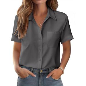 Zeagoo Womens Button Down Shirt Bust Pocket Short Sleeve Blouses Business Casual Work Tops Summer Outfits(Dark Grey)