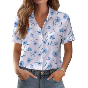Zeagoo Womens Button Down Shirt Bust Pocket Short Sleeve Blouses Business Casual Work Tops Summer Outfits(Floral Blue 361)