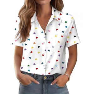Zeagoo Womens Button Down Shirt Bust Pocket Short Sleeve Blouses Business Casual Work Tops Summer Outfits(Heart Colorful 25)
