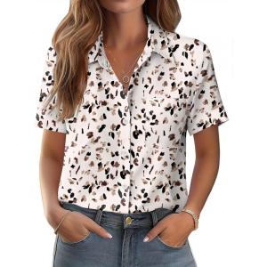 Zeagoo Womens Button Down Shirt Bust Pocket Short Sleeve Blouses Business Casual Work Tops Summer Outfits(Leopard Apricot 443)