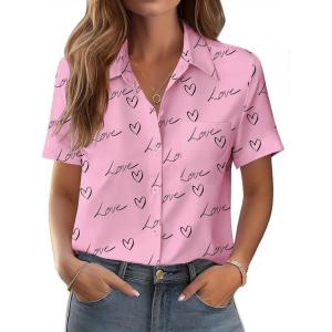 Zeagoo Womens Button Down Shirt Bust Pocket Short Sleeve Blouses Business Casual Work Tops Summer Outfits(Letters Love 81)