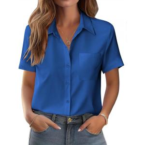 Zeagoo Womens Button Down Shirt Bust Pocket Short Sleeve Blouses Business Casual Work Tops Summer Outfits(Snorkel Blue)