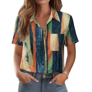 Zeagoo Womens Button Down Shirt Bust Pocket Short Sleeve Blouses Business Casual Work Tops Summer Outfits(Stripes Multicolor 289)